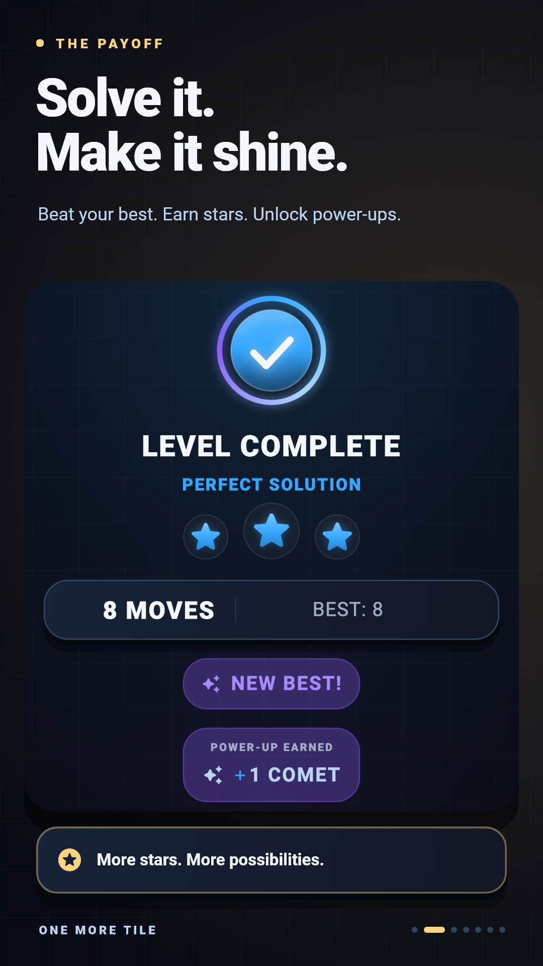 A level-complete screen showing a perfect solution, three stars and an earned power-up